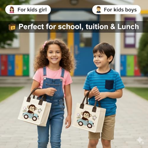 Image of Kids Lunch Bag | Cute & Stylish Embroidery Mini Tiffin Bag for Boys & Girls | Cute Cotton Cartoon Design I Picnic Tuition School, Preschool & Playschool | Gift for Birthday