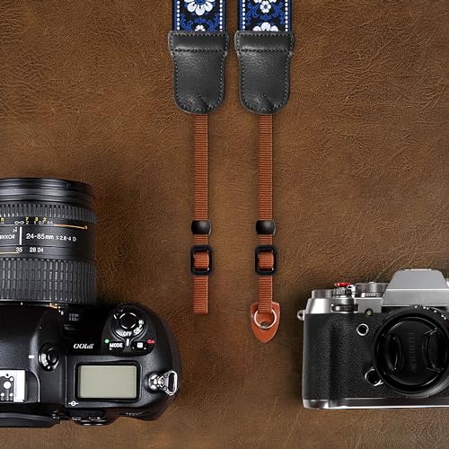 Image of Padwa Lifestyle Blue Flower Camera Strap - 2 inch Cowhide Leather Head Cotton Camera Straps for Photographers,Vintage Jacquard Embroidery Adjustable Neck & Shoulder Strap for ALL DSLR /SLR Cameras