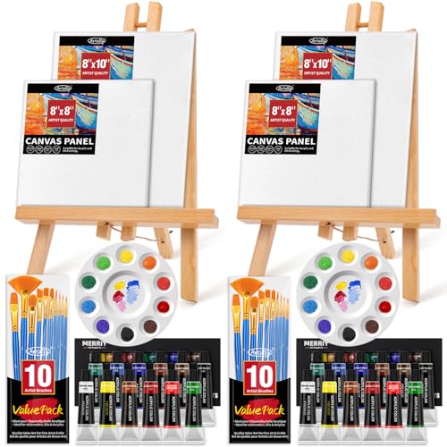 Acrylic Paint Set for Kids & Adults,52Pcs Painting Supplies Kit with 2 Beechwood Easel, 2 Set 12 Acrylic Paints, 20 Brushes, 4 Canvases, Premium Paint Set for Kids,Students,Artists,Beginners