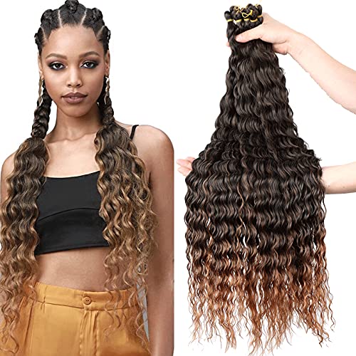 LingGuan 32 Inch Ocean Wave Crochet Hair 6 Packs Ripple Deep Wave Braiding Hair Pre-Feathered King Tips Body Wave Braids Synthetic Hair Extensions for Black Women (32inch-6Packs, 1B30)