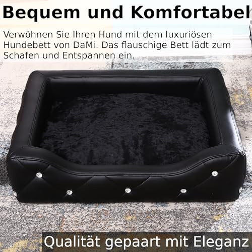 DaMi Luxus Hundebett I Premium Hundeschlafplatz mit großen Strasssteinen, Hundekissen Hundematratze Dogbed waschbar, Hundezubehör Hunde Dog Bett Matratze Körbchen, 18x58x46 cm Rechteckig Schwarz