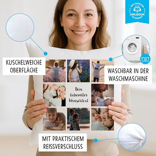 OWLBOOK® Personalisiertes Kissen mit Foto Bedrucken Lassen - Fotokissen mit 8 Fotos & Text selbst gestalten - Foto Kissen 40 x 40 cm weiß, optional mit Füllung