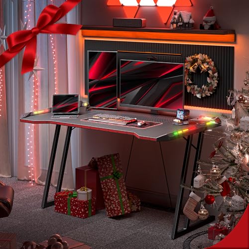 Gaming Tisch mit LED 120 x 60 cm, Gaming Schreibtisch mit Kohlefaseroberfläche, Stabiler Computertisch für Gaming, Kohlefaser Schwarz – Bild 3