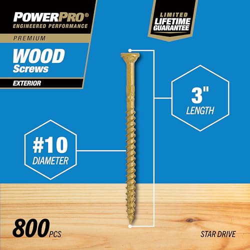Image of Power Pro Premium Exterior Wood Screws, #10 x 3 Inch All-Purpose Deck Screws for Outdoor Projects, T-25 Star Bit Included, Bronze, 800 Pieces | 48311V4