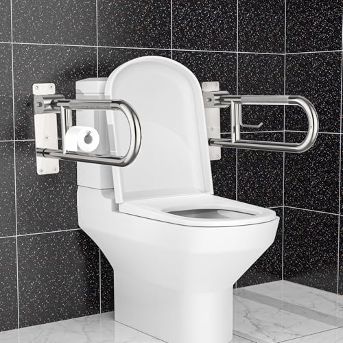 Image of Toilet Grab Bar 22.4 Inch Chrome, Munzong Anti-Slip Handicap Grab Bars with Paper Holder, Flip-Up Bathroom Safety Rails, Stainless Steel Knurled Support handrails for Seniors Elderly Disabled Pregnant