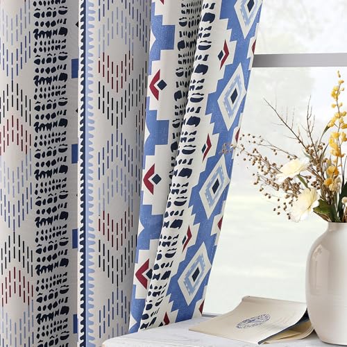 Image of XiDi 100% Blackout Blue Boho Curtains for Bedroom 84 Inches Long 2 Panels Thermal Insulated Mid Century Modern Farmhouse Blue Geometric Curtains for Living Room Grommet Window Drapes, 52Wx84L