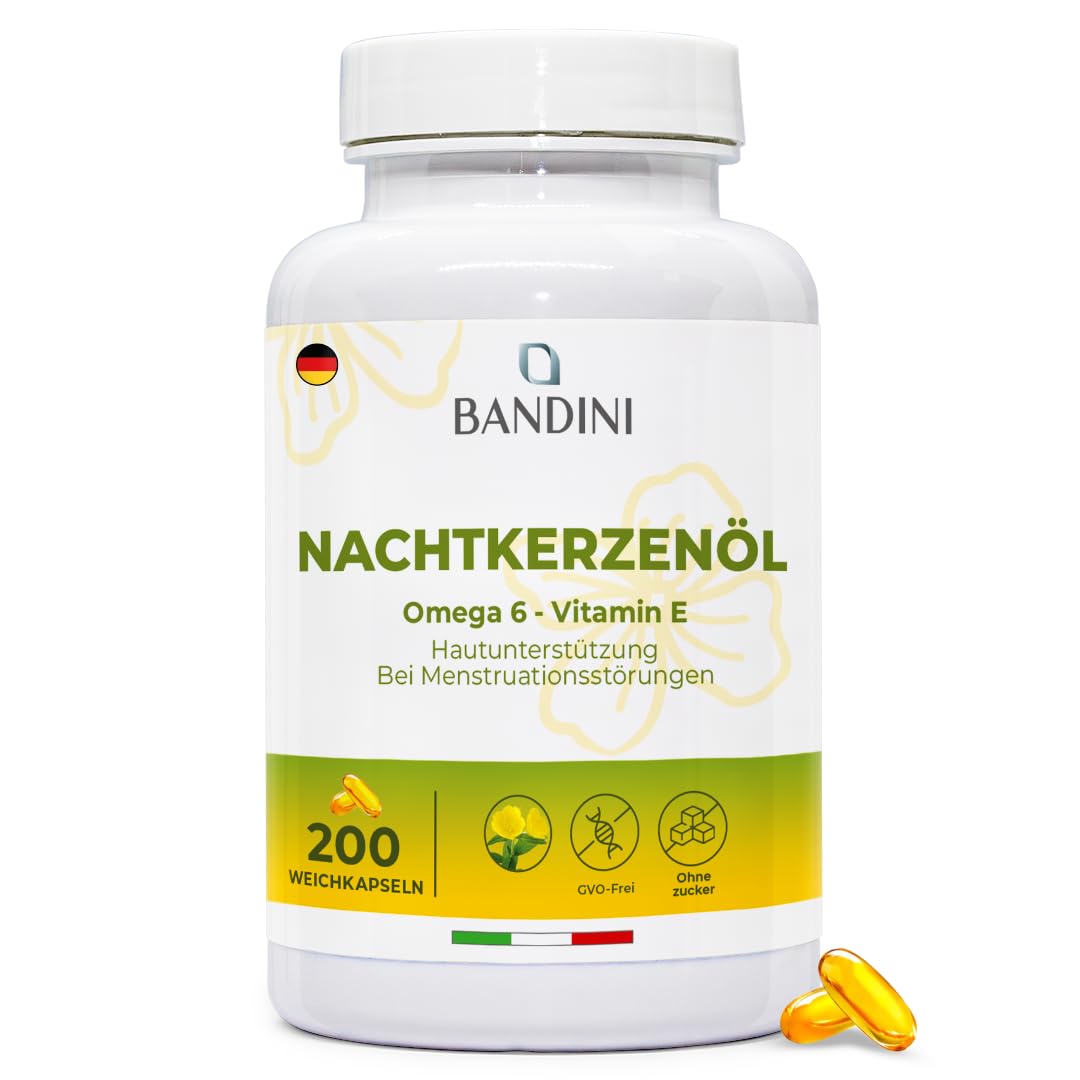 Bandini® Nachtkerzenöl | 200 Weichkapseln (2000mg pro Tagesdosis) | 10% Gla + Vitamin E | Antioxidans | Vitamin E Gamma-Linolensäure GLA - kaltgepresst | 4 Weichkapseln/Tag für 50 Tage Versorgung