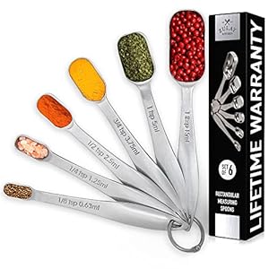 Zulay Heavy Duty Stainless Steel Measuring Spoons with Easy to Read, Slim Design for Narrow Spice Jars, 6 Piece Measuring Spoons with Etched Markings & Removable Clasp, Table Spoons Measuring Spoon