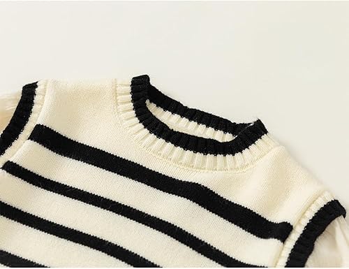 Black and White Striped Bubble Sleeve Knit Sweater Fall & Winter Top Stripes Adorable for Girls Ages 6M-6Y Adorable(Beige,6-12 Months)