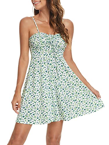 Image of Missufe Spaghetti Strap Floral Mini Dress Women's Casual Ruched Front Drawstring Swing Sundress