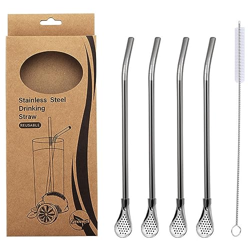 KINTEGOOD Stainless Steel Spoon Straws, 4-Piece Set with Filter, Reusable Drinking Straws with Cleaning Brush, Silver