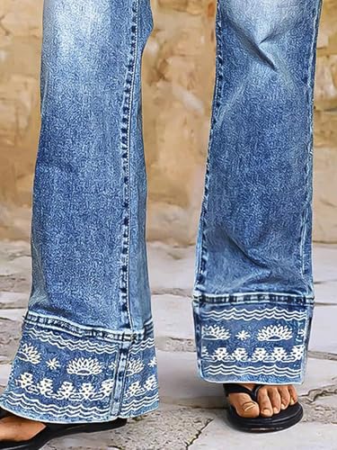 Flamingals Mid Rise Bootcut Jeans for Women with Embroidery Hem Stretchy Wash Straight Leg Jeans Causal Trendy4