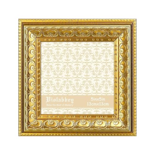 Image of VIOLABBEY 5x5 Picture Frame Gold, Vintage Photo Frame | Small Antique Ornate Frame, Square Frame for Wall or Tabletop Display,Classic Design for Home Office Decor