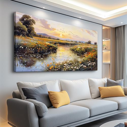 PHAOHUAXM Large Canvas Wall Art For Bedroom Wall Decorations For Living Room Office Decor Rivulet View Painting Farmhouse Field Scenery Watercolour Pictures Home Decoration Ready To Hang 24x48 In