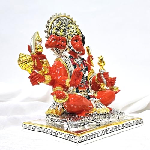 Image of Gold Art India Gold and Silver Plated Panchmukhi Hanuman Idol | Bajrang Bali Murti for Mandir | with Enamel Work Showpiece Figurine for Home Temple, Gifting(13L x 18W x 23H cm)(Silver Orange)