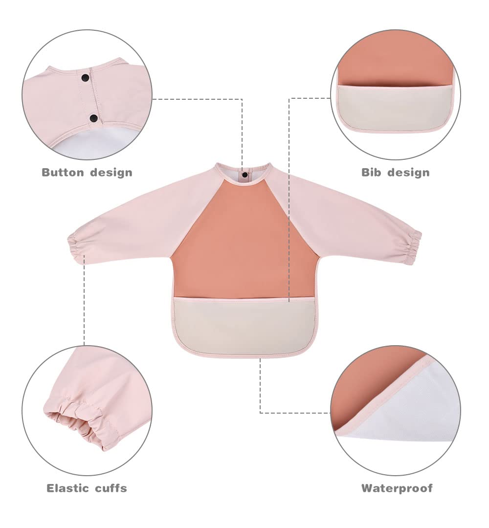 Vicloon Bavaglino a Manica Lunga, Bavaglini Pappa Svezzamento, Bavaglino Impermeabile con Tasca Frontale, Bavaglino in Tessuto PU Impermeabile, Drool Bavaglini per Bambini da 6 a 12 Mesi, Colore Rame