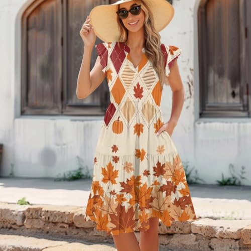 Image of Women's Casual Ruffle Sleeve Dress V Neck Pullover Dress Flowy A-Line Pleated Lightweight Dress with Pockets