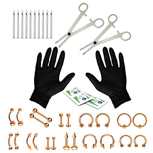 BodyJ4You 36PCS Piercing Kit Rose Goldtone Steel 14G 16G Belly Ring Tongue Tragus Eyebrow Nipple Lip Nose