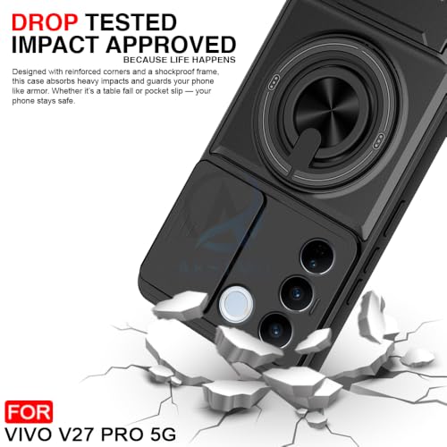 Image of AESTMO Vivo V27 Pro 5G Back Cover | Armor Camera Slider 360 Degree Rotating Finger Ring Holder Case with Bracket Stand Back Case Cover (Compatible with MagSafe Accessories) (Black)
