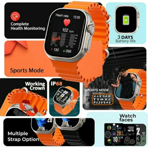 Image of T8OO Mens & Womens Smartwatch | Bluetooth Calling | 1.99 inch HD Touch Display | 1-Game | Calculator | Calander | Fitness & Sports Mode | Waterproof | Change Wallpaper | O110 | (Free Size, Orange Straps)