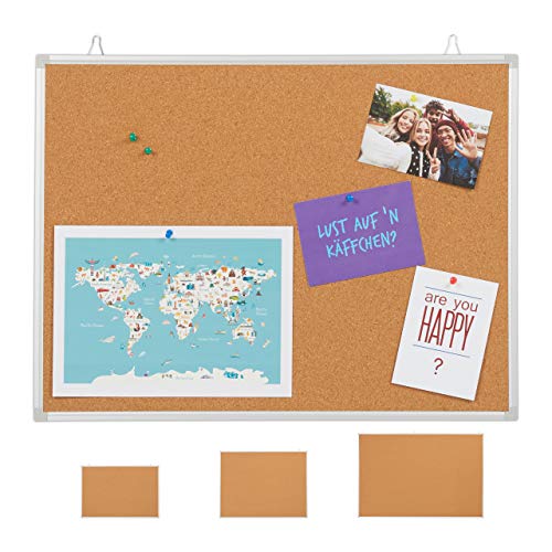 Relaxdays Tablón de anuncios de Corcho con Marco de Aluminio, 6 Agujas para Oficina y hogar, 45 x 60 cm, Color marrón