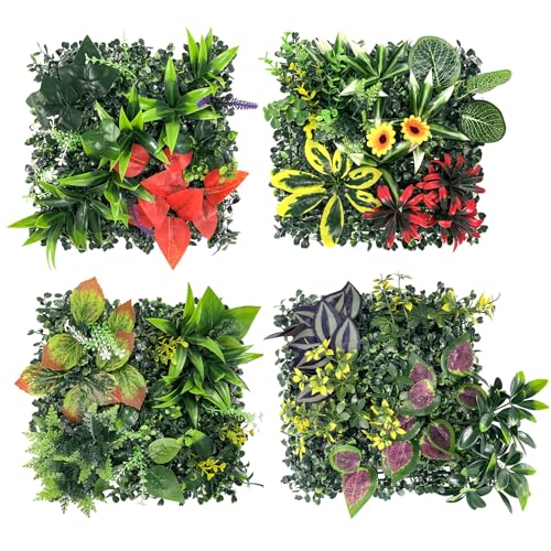 Lxoraziy Paneles Decorativos de Plantas Artificiales 4 Unidades 25x25 cm, Set de Jardín Vertical con Hojas Verdes Realistas para Pared Interior y Exterior, Balcón, Eventos, Oficina -A