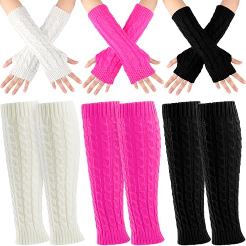 Therwen 6 Pairs Knit Leg Warmers Arm Warmers Set for Women Cable Knit Leg Warmers Knee Warmers Thigh High Socks (Black, Light Gray, White)