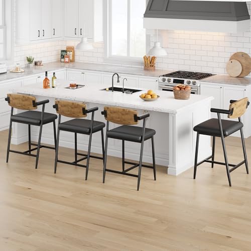 Image of GarveeHome Bar Stools Set of 8 with Arms, 26 inch Modern 8pcs Counter Height Metal Barstools Set with Wood Back & Footrest, Wider Seat, Sturdy Frame, for Counter Bar, Kitchen Island, Retro Brown