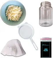 Kefir de Leite Vivo – Kit Artesanal com Frasco 500ml, Peneira, Tampa Respirável e Manual