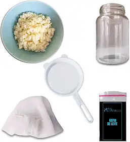 Kefir de Leite Vivo – Kit Artesanal com Frasco 500ml, Peneira, Tampa Respirável e Manual