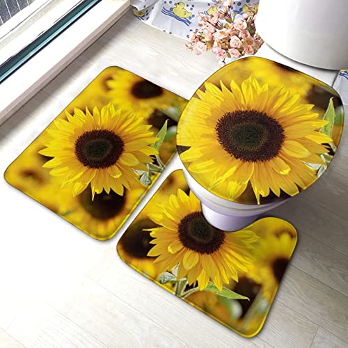 UBINYSS Badematte + Konturmatte + Toilettendeckelbezug, schöne Sonnenblumen 3 Stück Badematte Set, mit rutschfester Klebeunterseite