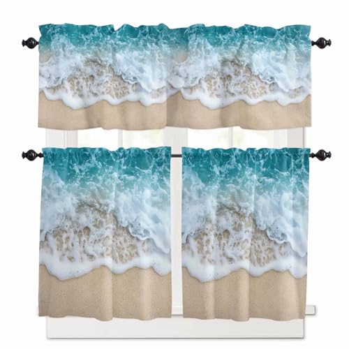 Yellow Beach Kitchen Curtains 36 Inch Length, 3 Piece Rod Pocket Small Half Tiers and Valance Set, Nature Ocean Blue Seawater Small Large Window Treatment Decor for Bedroom/Bathroom Sink
