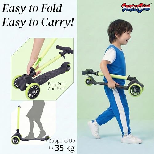 Image of STREETJAM Komiks Kids Kick Scooter for 3-12 Years, Tilt & Turn Safety Lock (1st Time in India), BIS Approved, Lean-to-Steer, Wide Deck, Adjustable Height, Up to 35 kg Load (Black with Neon Green's)