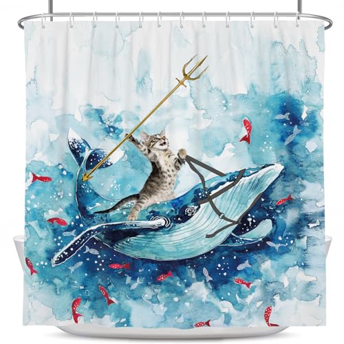 Coxila Funny Cat Shower Curtain Cute Fun Cool Riding Whale Ocean Wave Kids Anime Nautica Beach Theme Sea Fish Hilarious Bathroom 72 x 72 Inch Polyester Fabric 12 Pack Hooks