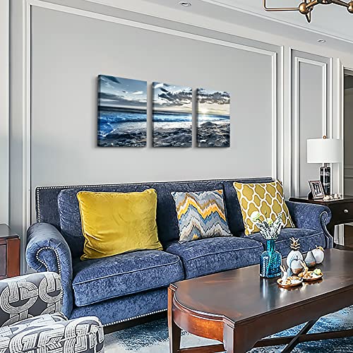 Canvas Wall Art for Living Room & Bedroom - Blue Beach Wall Pictures - Sun & Ocean Paintings - Office Wall Decoration - Seascape Poster Art Prints - Large Size - 20" X 28" - 3 Piece