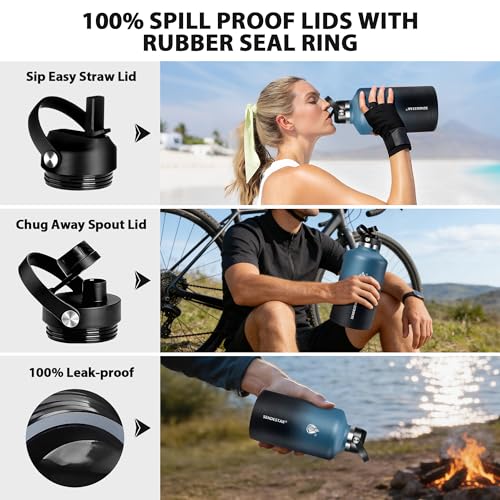 Image of Insulated Water Bottle 64 oz, Triple Wall Vacuum Stainless Steel Water Bottles(Cold for 48 Hrs), Leak Proof & Non-BPA, Half Gallon Water Flask Jug with Straw Spout Lids for Gym, Sports, Camping
