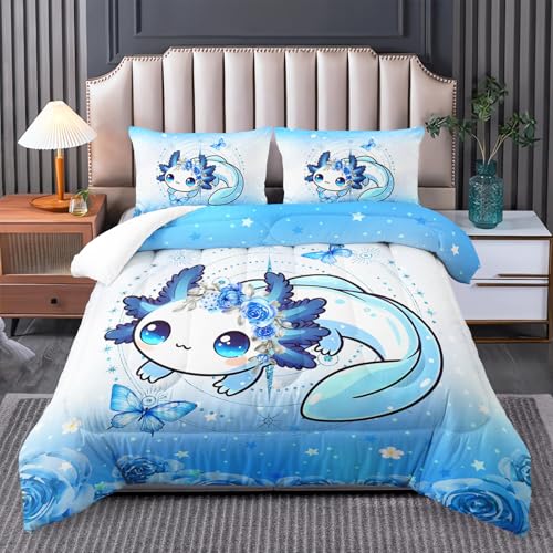 Tuzaovy Axolotl Bettwäsche-Set für Doppelbetten für Mädchen, Axolotl Kinder-Bettwäsche, Cartoon-Schlafzimmer-Dekor, Jungen und Mädchen, Kawaii-Bettwäsche, niedliches Bettwäsche-Set mit 1 Steppdecke
