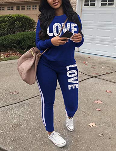 KANSOON Women's Letter Print 2 Piece Outfits Round Neck Long Sleeve Sweatshirt and Pants Set Tracksuit Blue M