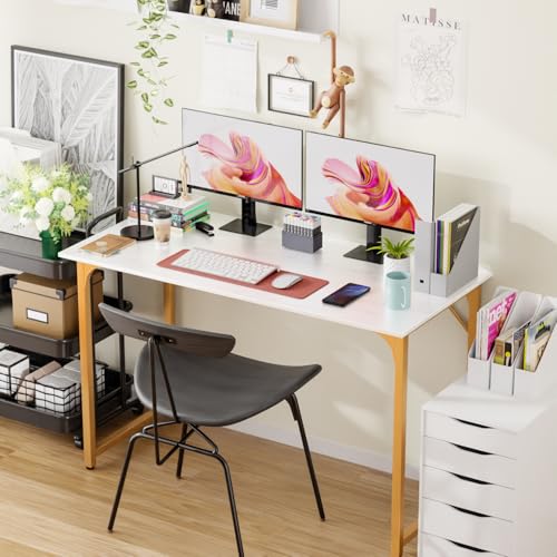 Image of PayLessHere | 47 Inch Computer Desk | White Gold | Sturdy Office Desk | Metal Frame, Adjustable Feet | Water-Resistant, Scratchproof Surface | Writing Table for Home Office or Study | Pack of 1