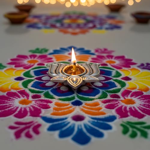 Image of 999 Pure Silver Plated Lotus Diyas for Pooja - Set of 11, Handcrafted Silver Diya for Puja & Spiritual Gifting for Home Decor