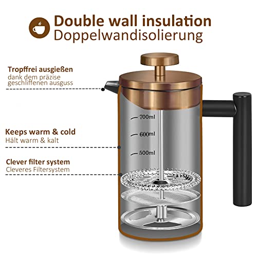 MaxMiuly Kaffeebereiter French Press 1L, Kaffeepresse Doppelwandig Edelstahl 6 Tassen, Thermo Kaffeezubereiter Erhältlich in 350ml… – Ansicht 3
