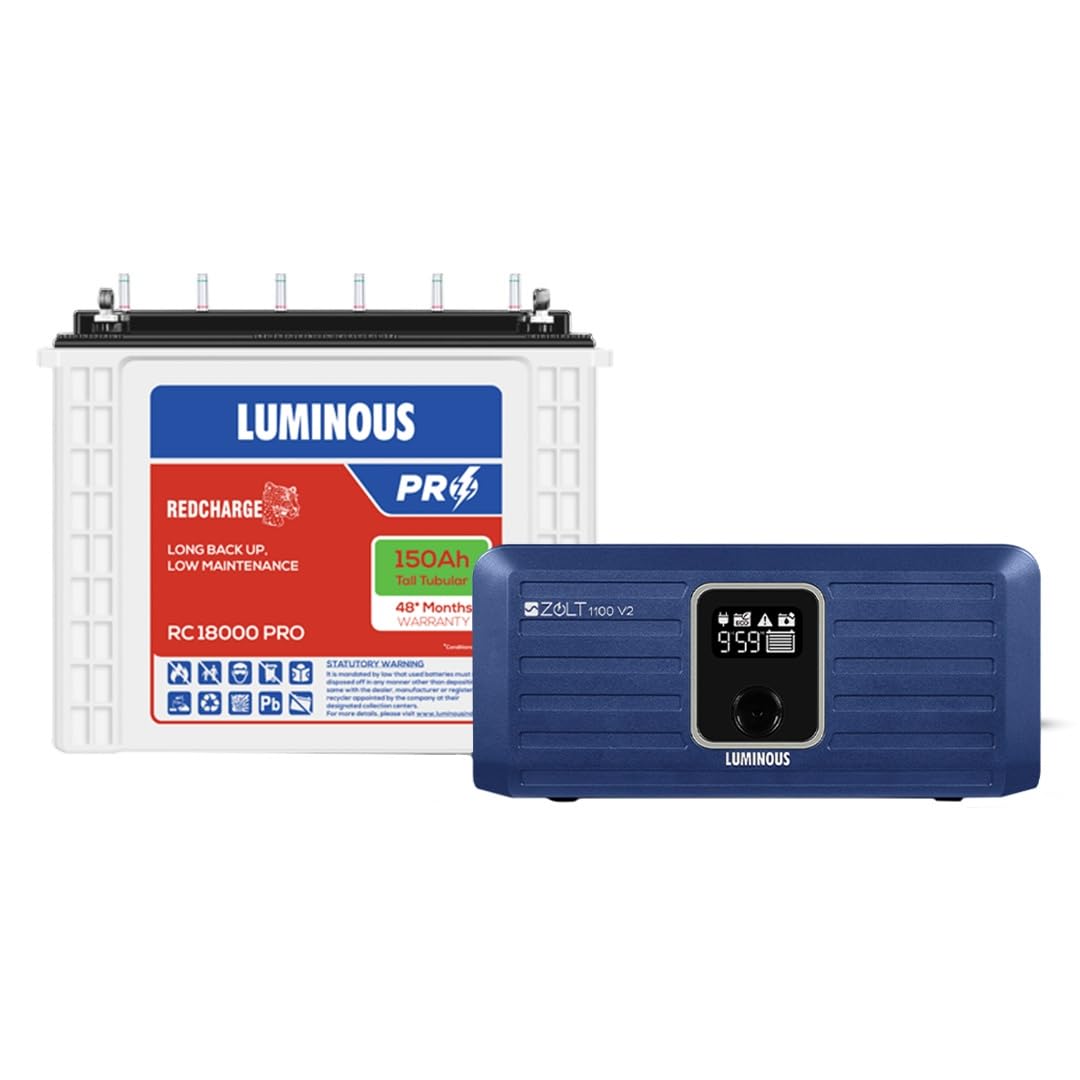 Luminous Inverter & Battery Combo (Zolt 1100 Pure Sine Wave 900VA/12V Inverter with RC18000 PRO Tall Tubular 150Ah Battery) for Home, Office & Shops-image-32