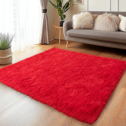Soft Fluffy Rugs for Living Room, 3x5 Feet, Red Faux Fur Area Rug - Plush Non-Slip Shag Shaggy Carpet for Bedroom, Kids Boys Girls Dorm Nursery Room