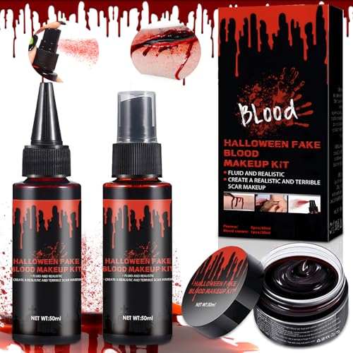 Photo de RDDAIPE Lot de 3 sprays de sang artificiel d'Halloween 50 ml + 50 ml de sang artificiel goutte + 30 ml de plasma de sang caillé, lavable, réaliste, sans danger pour maquillage, zombie, vampire