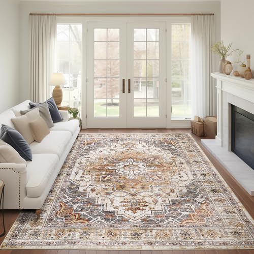 Madane 5x7 Area Rugs for Living Room, Stain Resistant Washable Rugs, Non-Slip Backing Area Rug, Vintage Home Decor Rug for Bedroom (Turmeric/Grey, 5'x7')