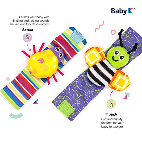 BABY K Foot Finder Socks & Wrist Rattles (Butterfly Bugs Set A) - Newborn Toys for Baby Boy or Girl - Brain Development Infant Toys - Hand and Foot Rattles Suitable for 0-3, 3-6, 6-12 Months Babies