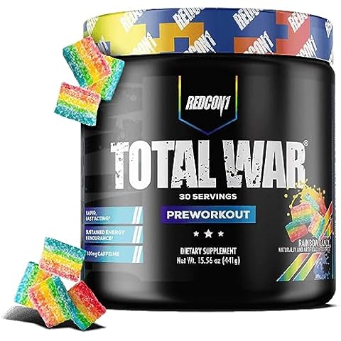 REDCON1 Total War Preworkout - Contains 320mg of Caffeine from Green Tea, Juniper & Beta Alanine - Pre Work Out with Amino Acids to Increase Pump, Energy + Endurance (Rainbow Candy, 30 Servings) Cover