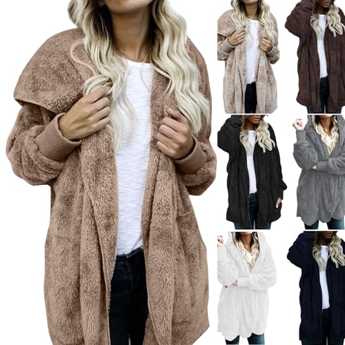 Sherpa Jacket Women Fuzzy Fleece Hooded Cardigan Open Front Fluffy Sweaters Chunky Long Sleeve Plus Size Winter Faux Fur Teddy Coat Warm Womens Sherpa Teddy Jacket Fuzzy Jacket Hooded Cardigan
