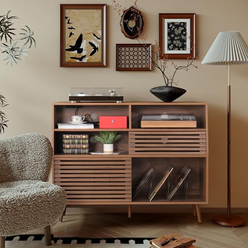 Jluomei Large Record Player Stand, Mid-Century Turntable Stand with Doors and Charging Station Record Player Table Holds Up to 450 Albums Vinyl Storage Display Shelf for Living Room, Walnut