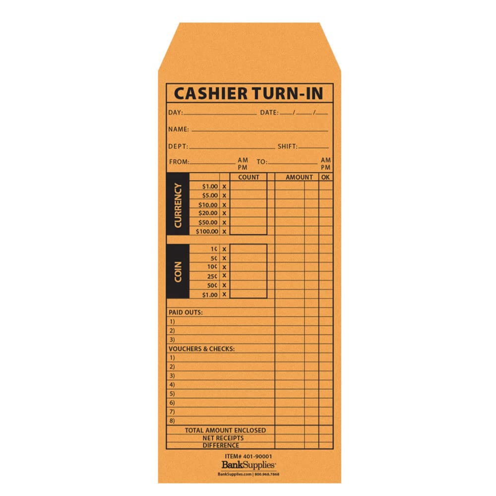 BankSupplies 4 1/2W x 10 3/8H, Cashier Turn-In Envelopes, 500 Brown Kraft Paper Envelopes, Standard Open End with Moisten and Seal Closure